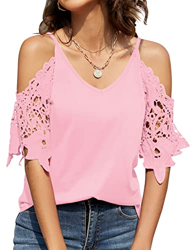 TFSDOD Womens V Neck Cold Shoulder Tops Shirts Summer Causal